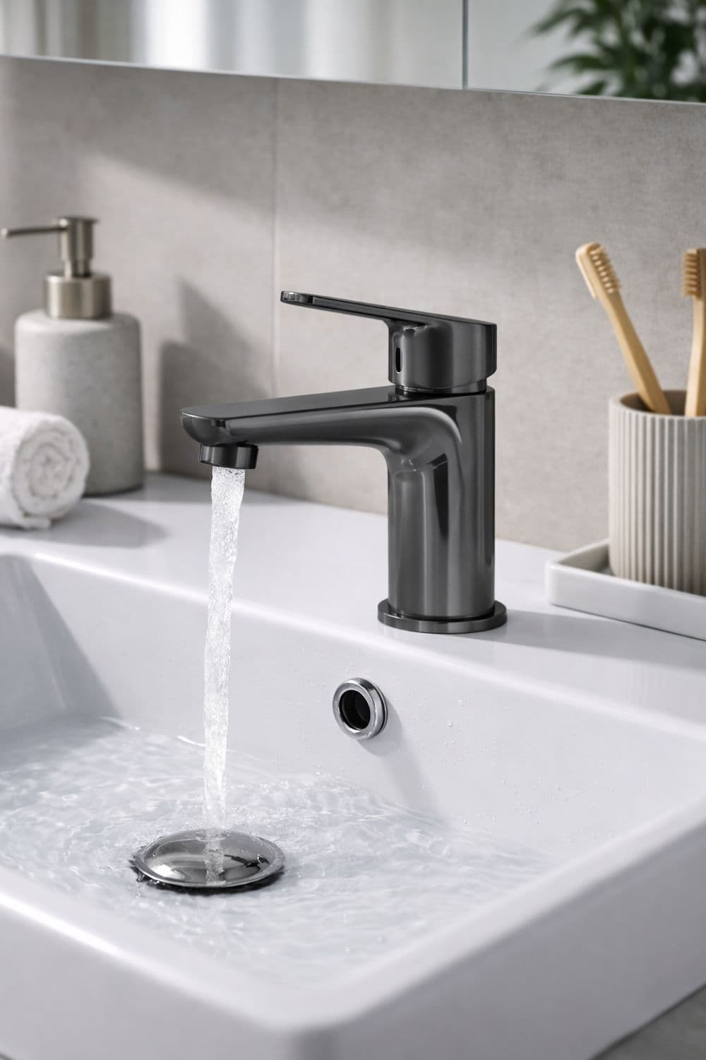 Edelstahl-Luxus-Einhebelarmatur von T-Flow, Moderne Wasser-Mischbatterie, Badarmatur für Waschbecken, Gun Grey